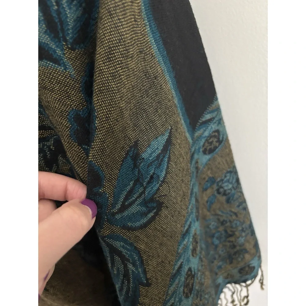 Pashmina Shawl Scarf Wrap Silk Cashmere Blue Floral Fringe Whimsigoth Boho
